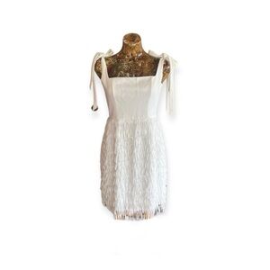 Aidan Aidan Mattox white dress fringe skirt tie sleeves sleeveless Sz 8 medium